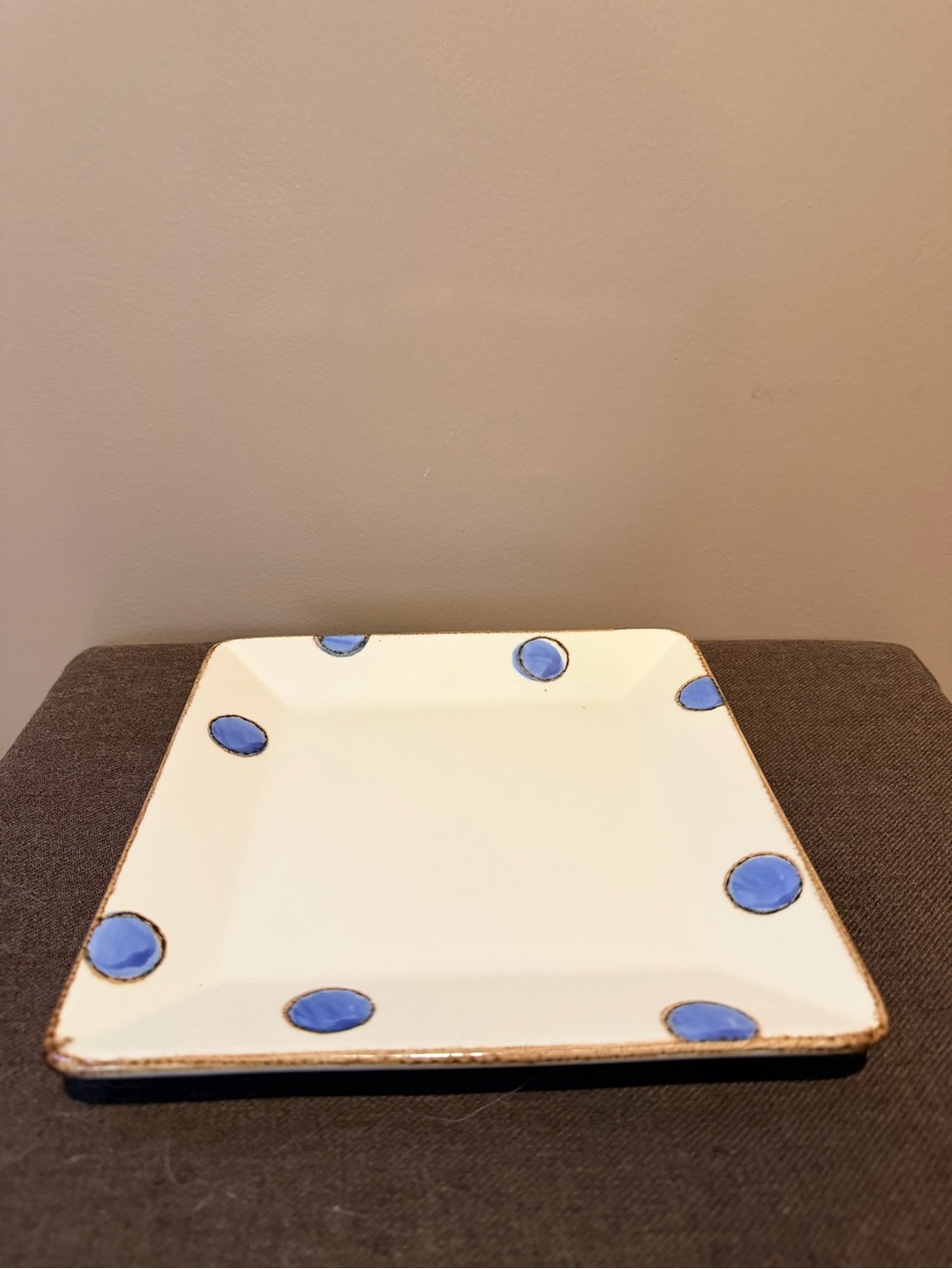 Cream Ceramic Serving Plate with Blue Dot Accents